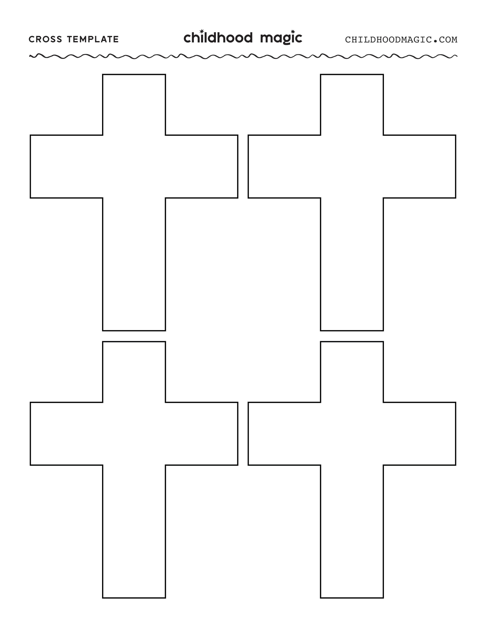 Four black outlines of crosses on a white background.