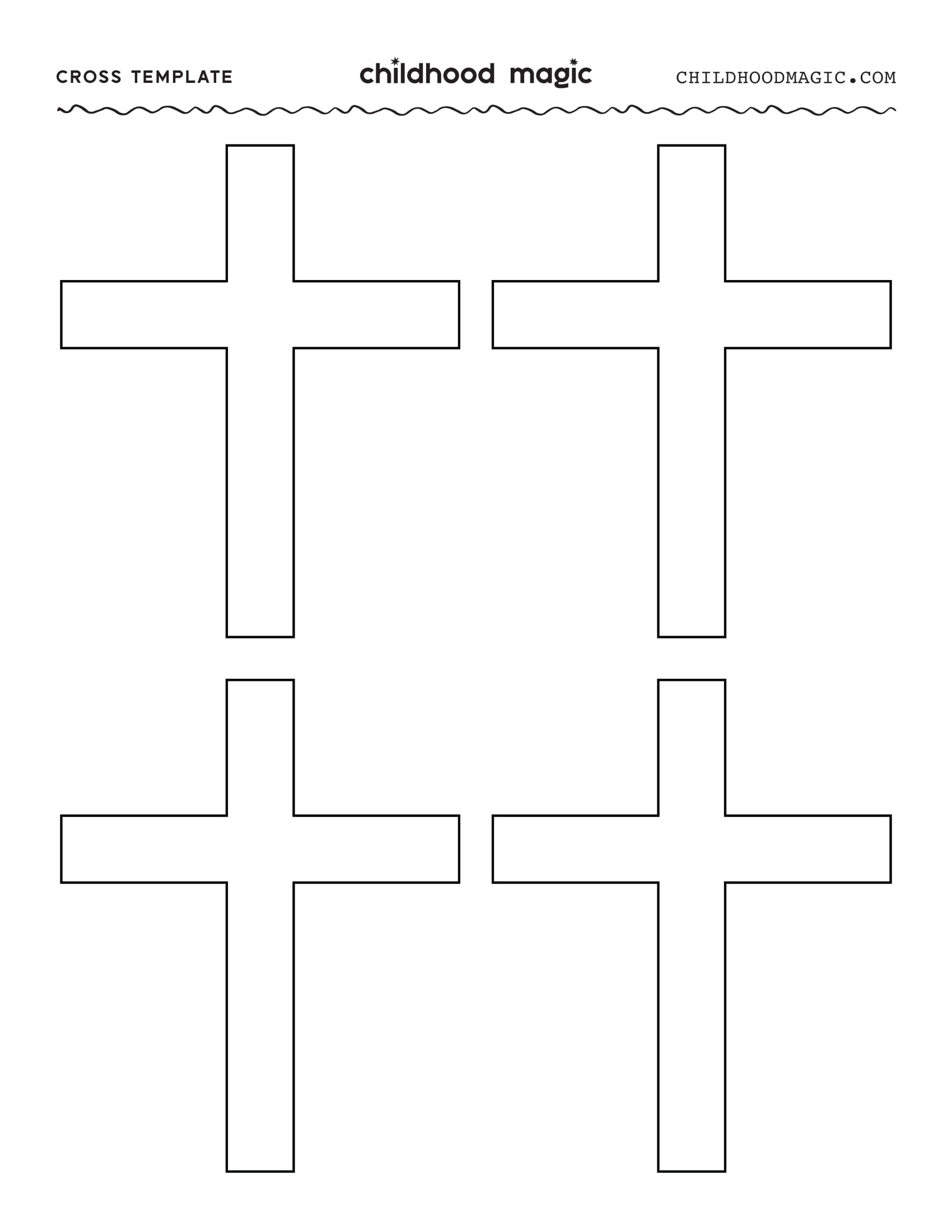 Four black outlines of crosses on a white background.