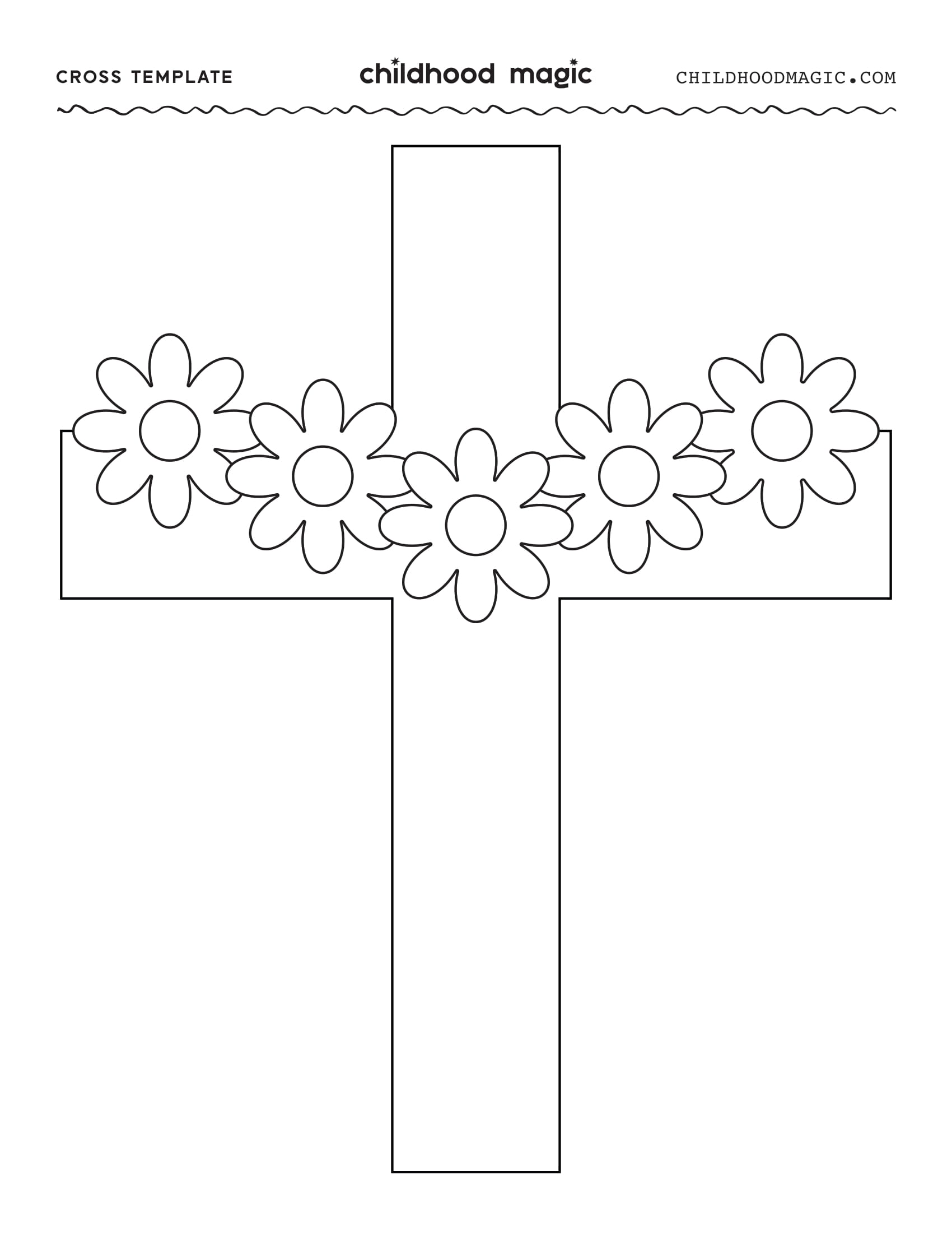 Black outline of a cross with a flower garland going across it.