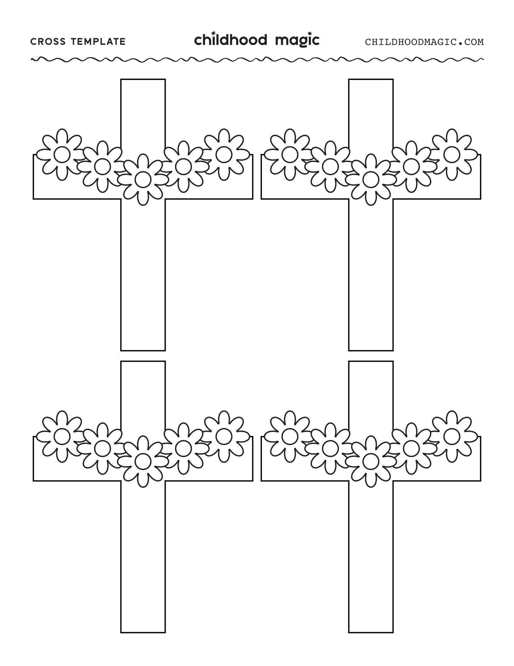 Four outlines of crosses with flower garlands going across them.