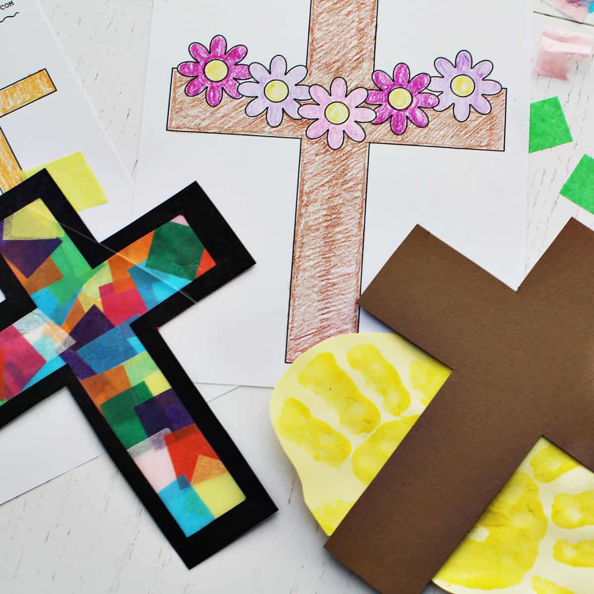 cross printable crafts, a suncatcher craft, a coloring page and a handprint craft.