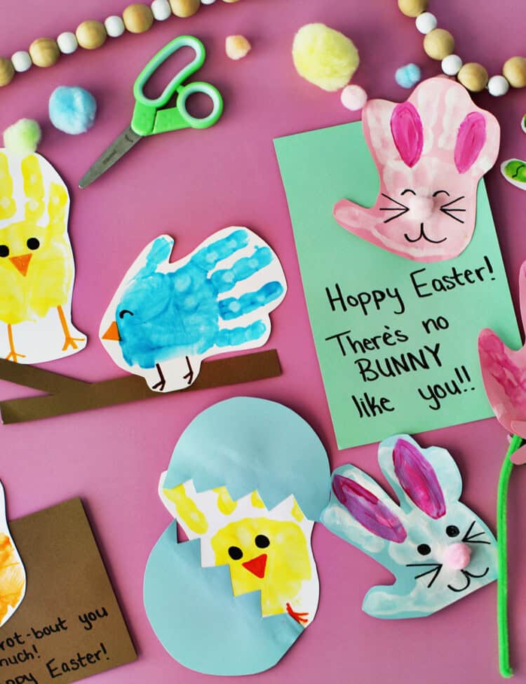 Painted handprints turned into Easter and spring themed objects.