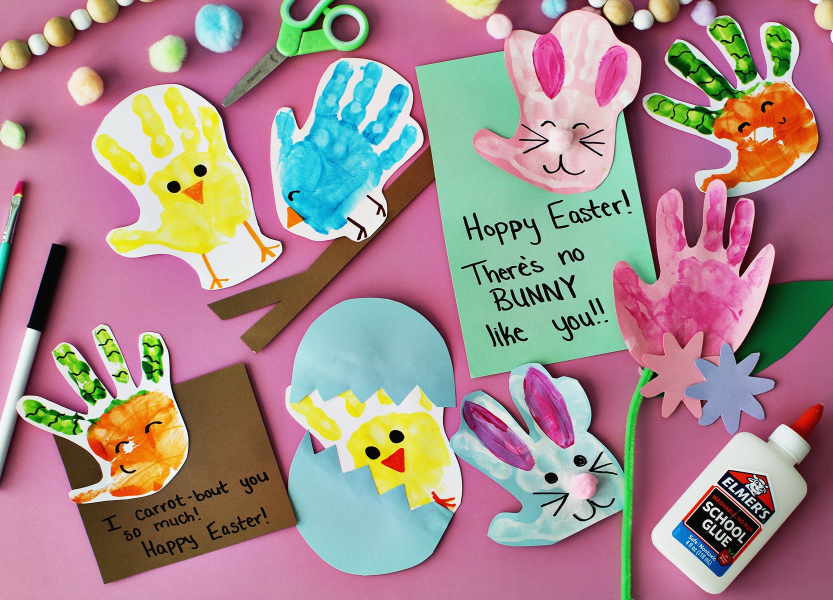 Painted handprints turned into Easter and spring themed objects.