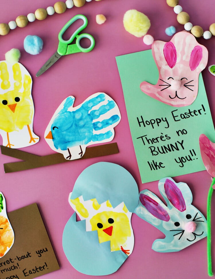 Painted handprints turned into Easter and spring themed objects.