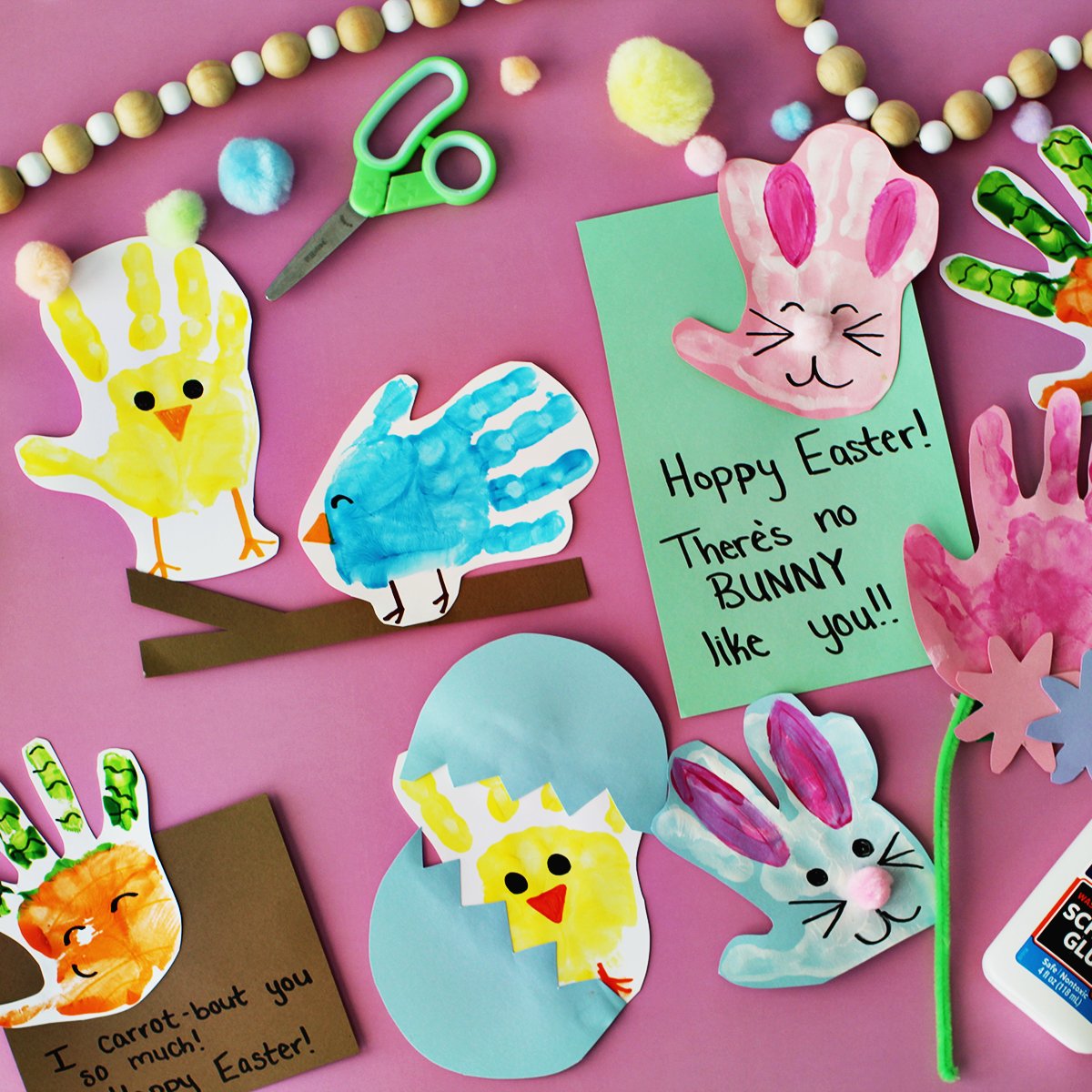 Painted handprints turned into Easter and spring themed objects.