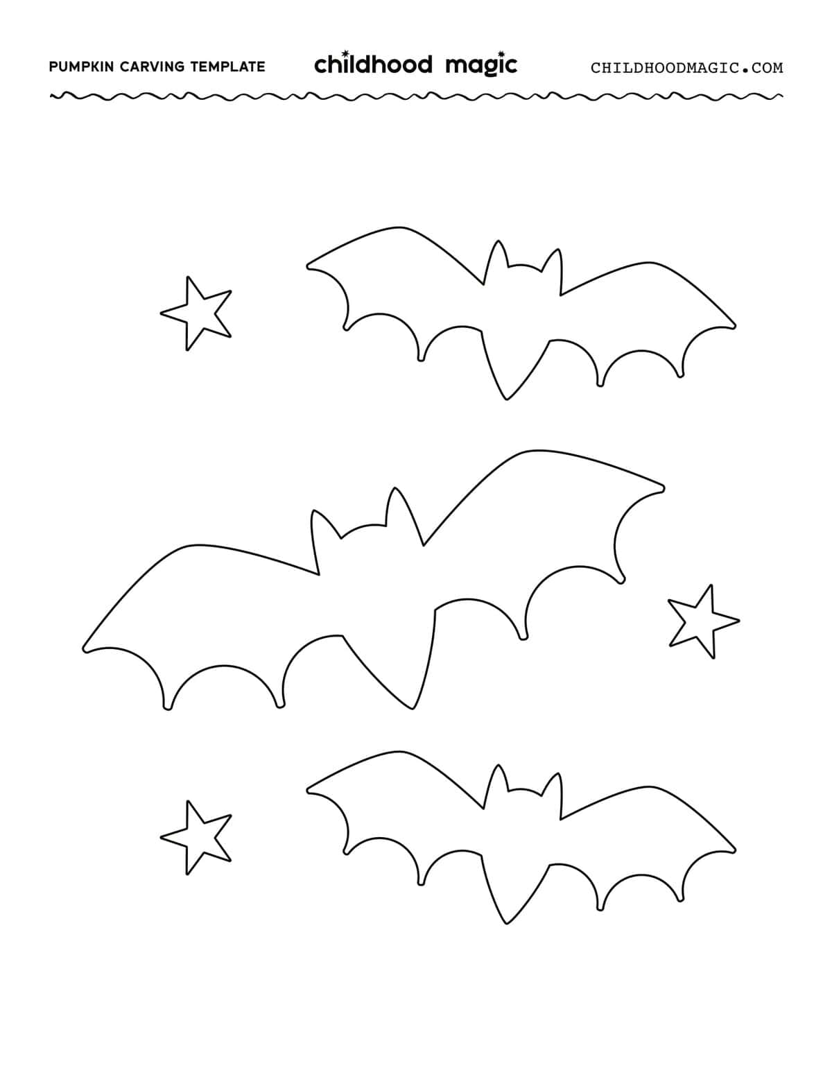 Outlines of bats and small stars on a white background for a pumpkin carving template.