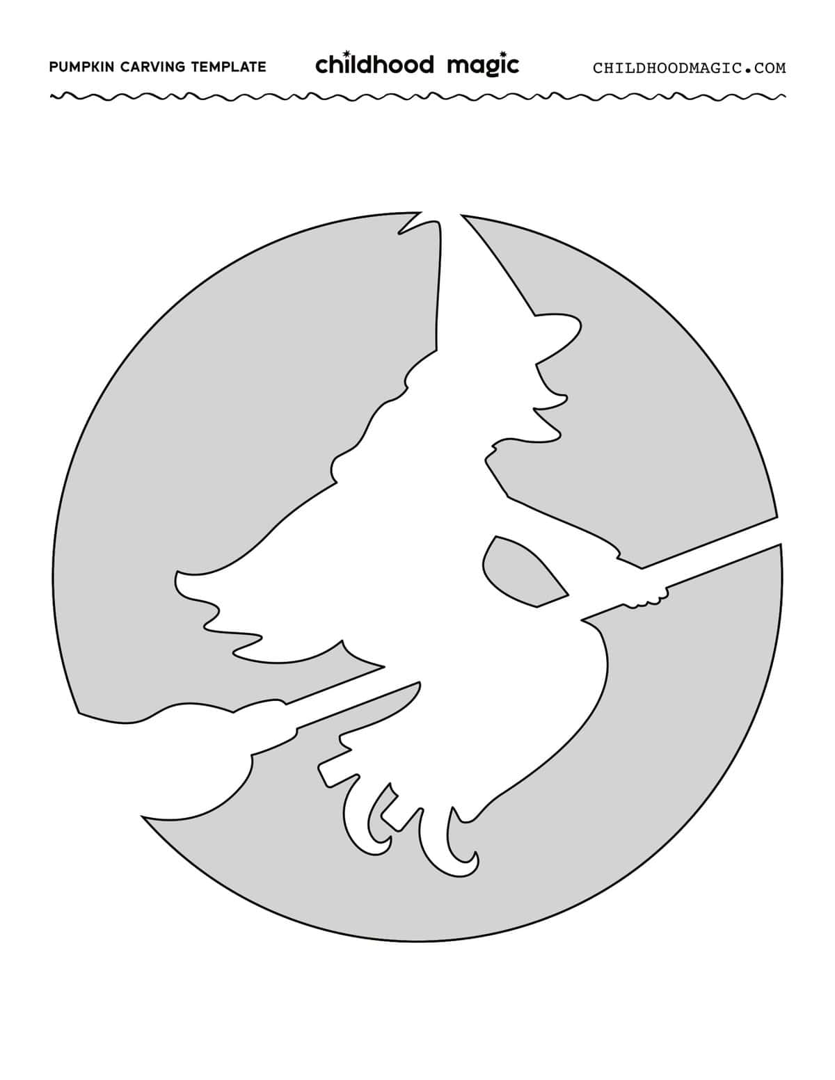 Outline of a witch on a broom to be used as a pumpkin carving stencil.