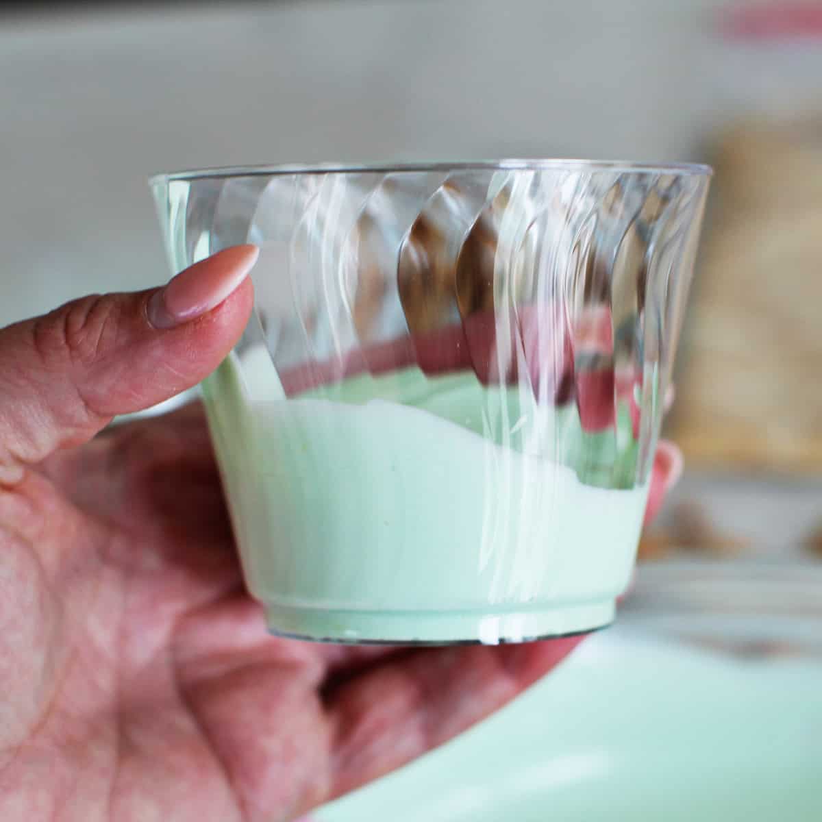 Blue instant pudding in a cup.