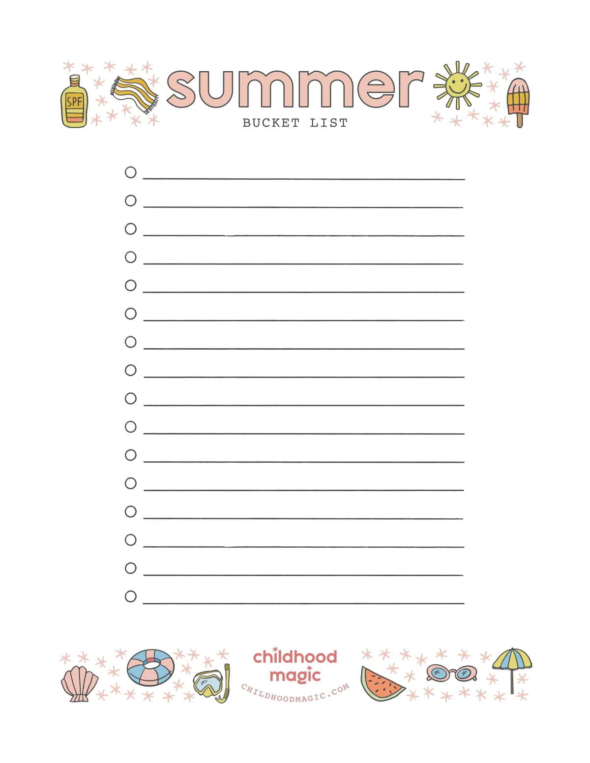Printable summer bucket list with lines to write activities on.