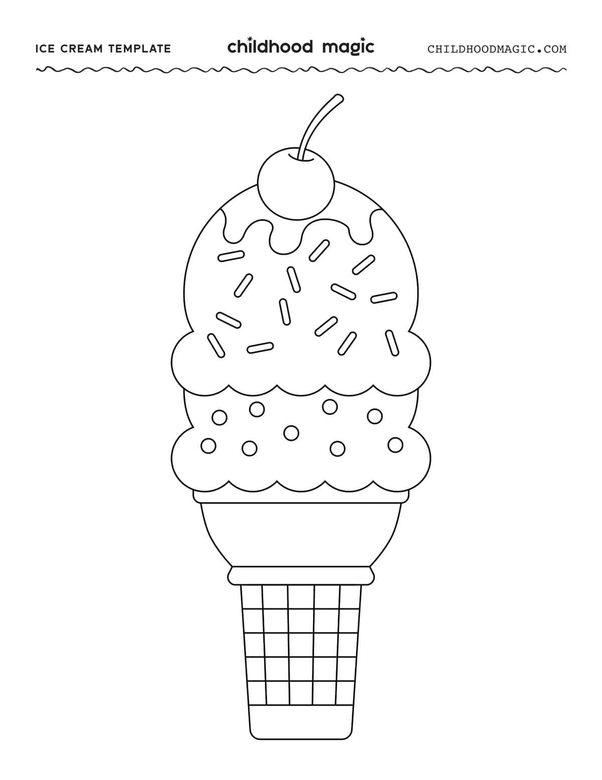 Outlines of an ice cream cone with two scoops of ice cream and toppings.