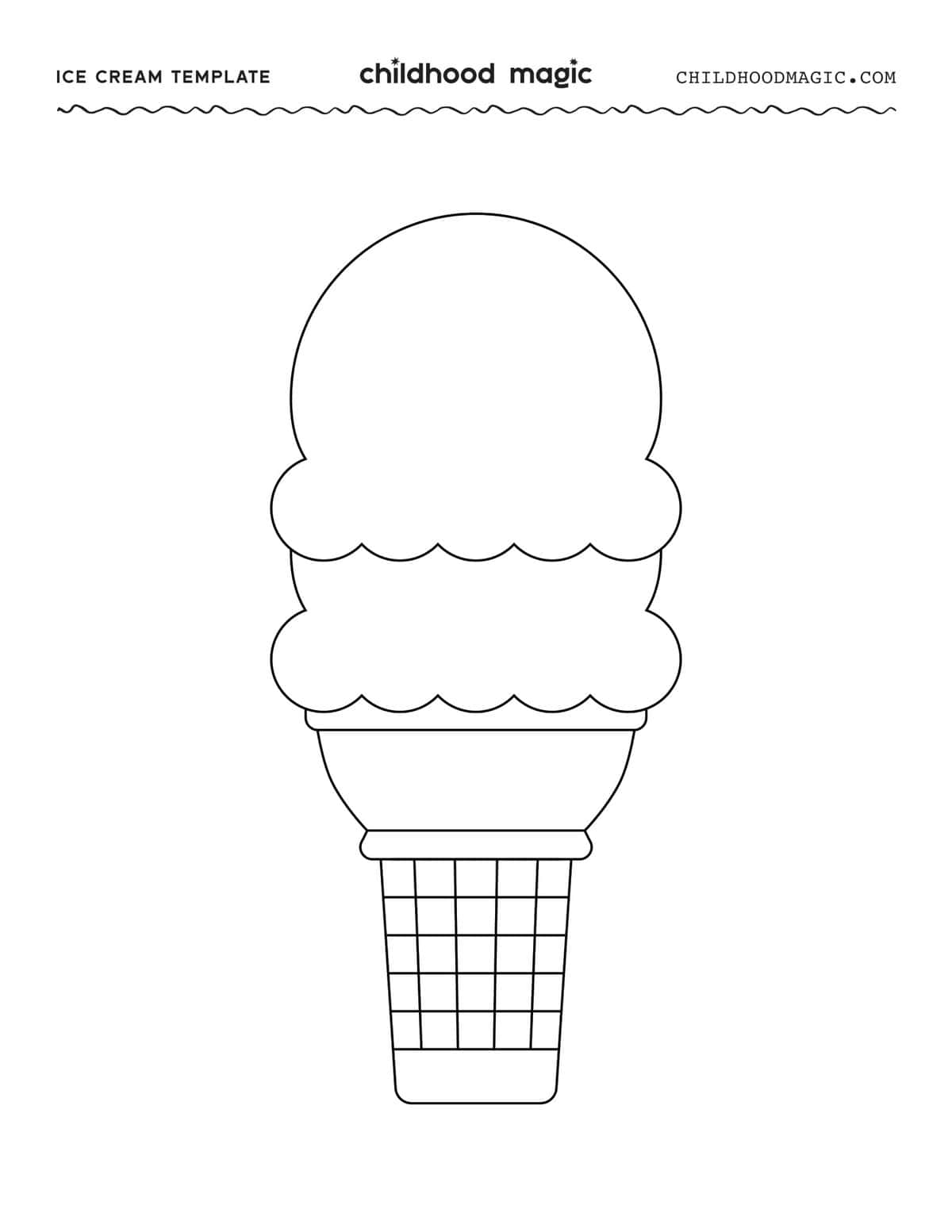 Outline of an ice cream cone with two scoops of ice cream.