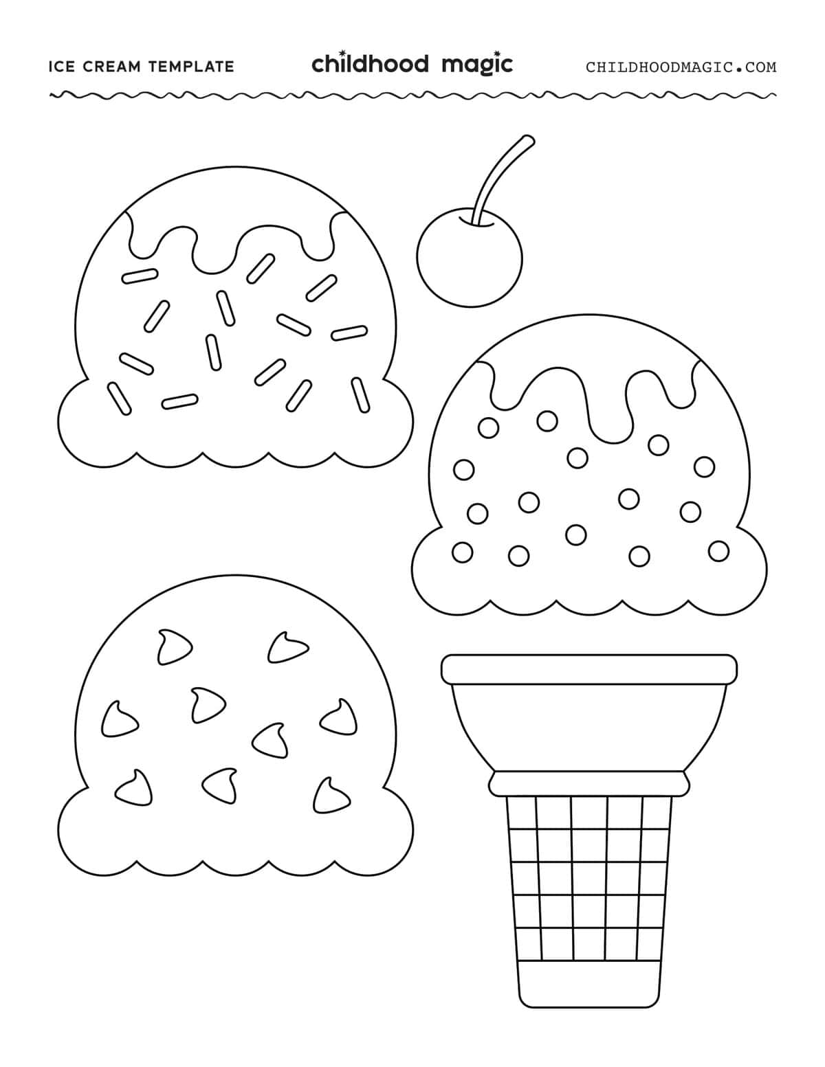 Outlines of three scoops of ice cream with toppings and a cone and cherry.