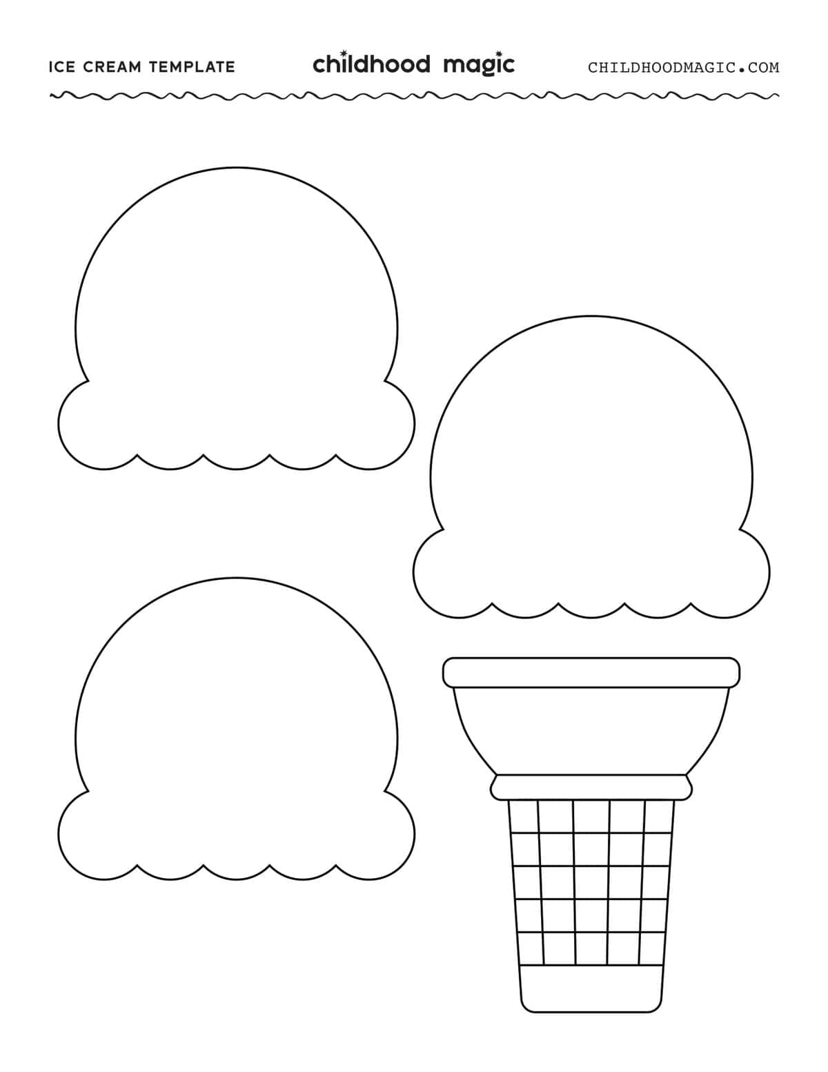 Outlines of three scoops of ice cream and a cone.