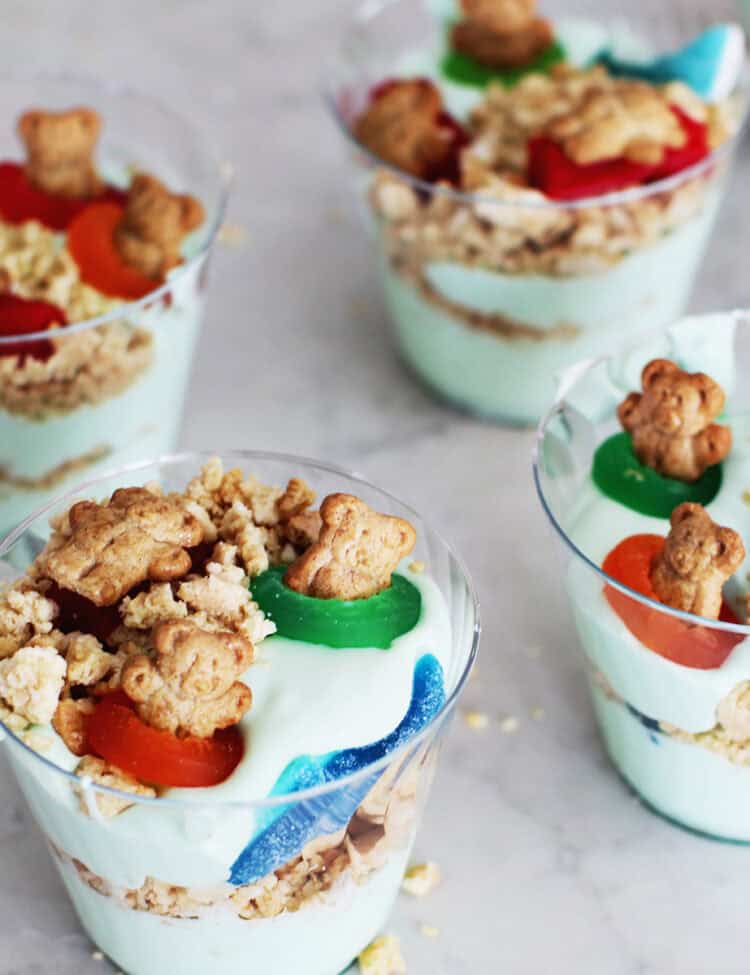 Blue instant pudding with crushed up golden oreos, lifesaver gummies and teddy graham bears.