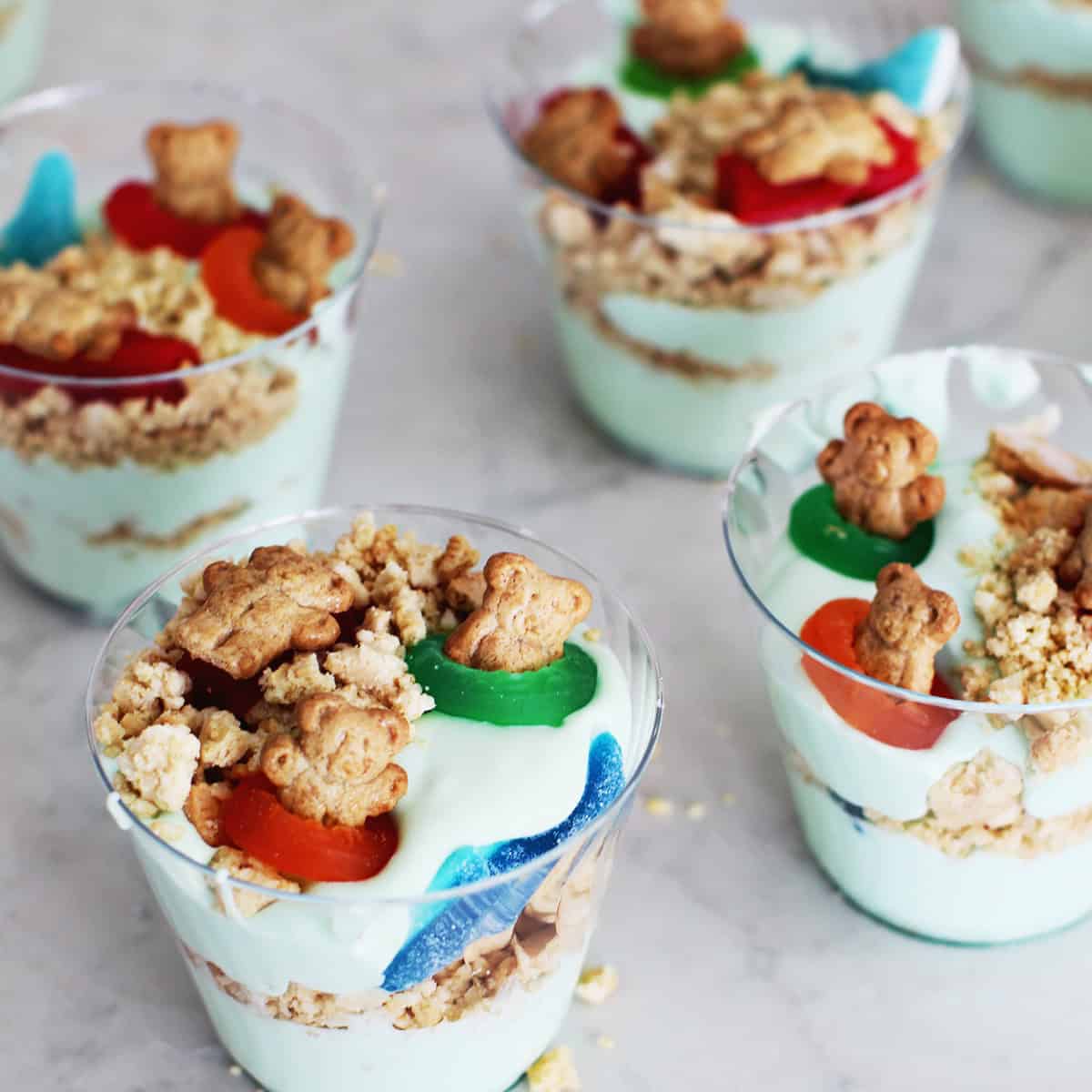 Blue instant pudding with crushed up golden oreos, lifesaver gummies and teddy graham bears.