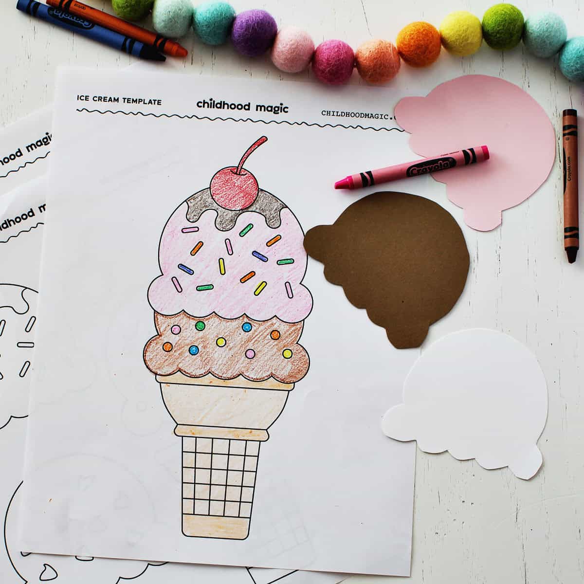 Ice cream cone coloring page next to cut out ice cream scoops.