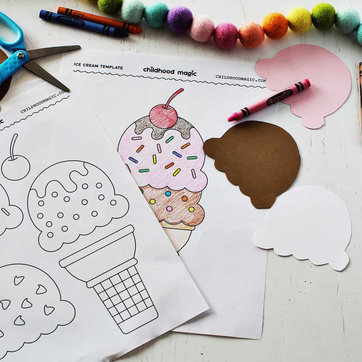 Ice cream cone coloring page and template with cut outs.