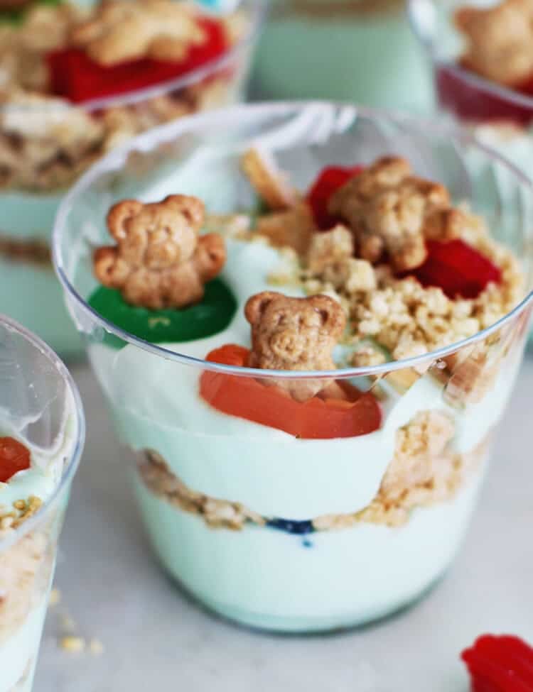 Blue instant pudding with crushed up golden oreos, lifesaver gummies and teddy graham bears.