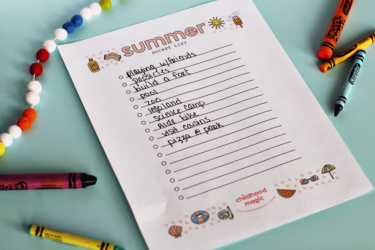 Printed summer bucket list with lines to write activities on.
