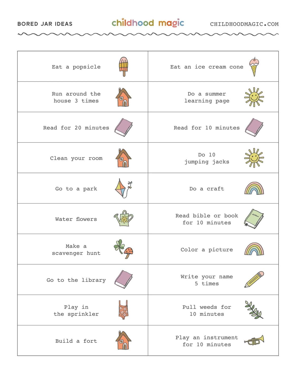 Printable ideas and activities for a boredom jar.