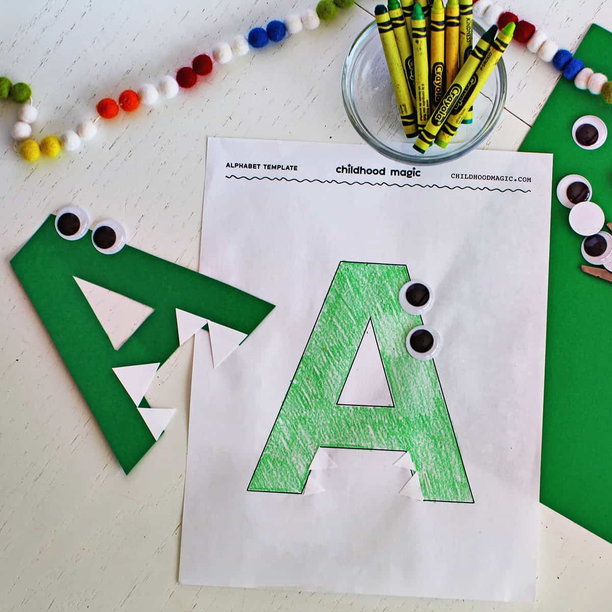 Letter craft to make an uppercase 'A' look like an alligator.