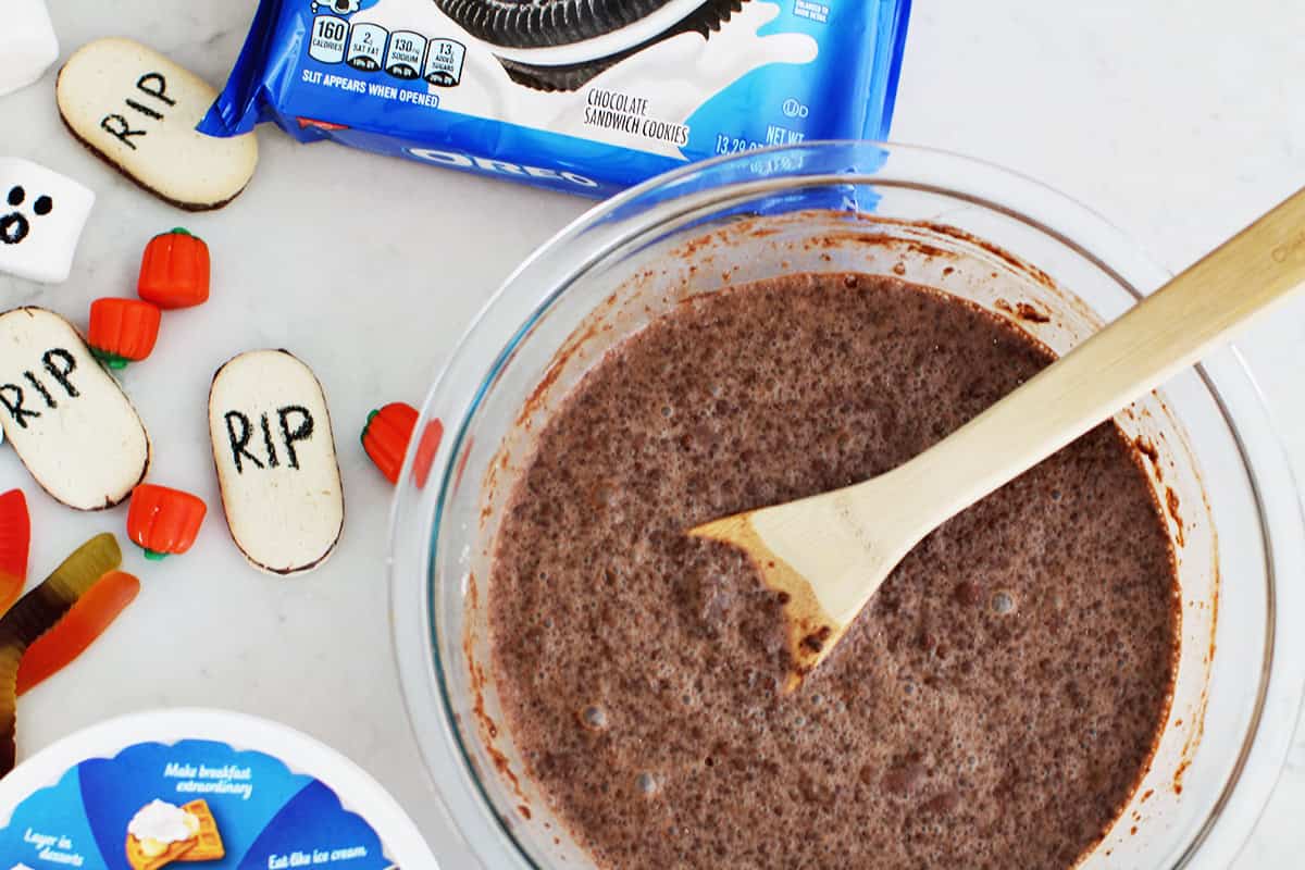 Bowl of instant pudding being combined.