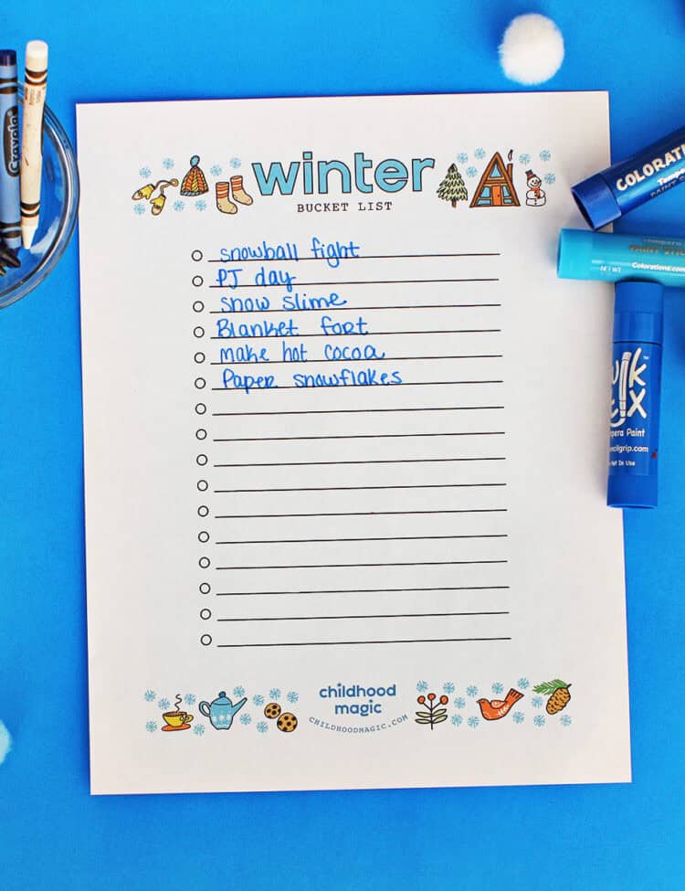 Winter-themed printable bucket list for kids.