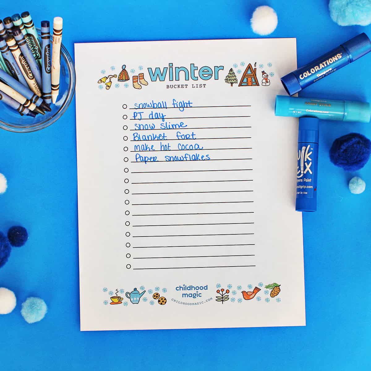 Winter-themed printable bucket list for kids.