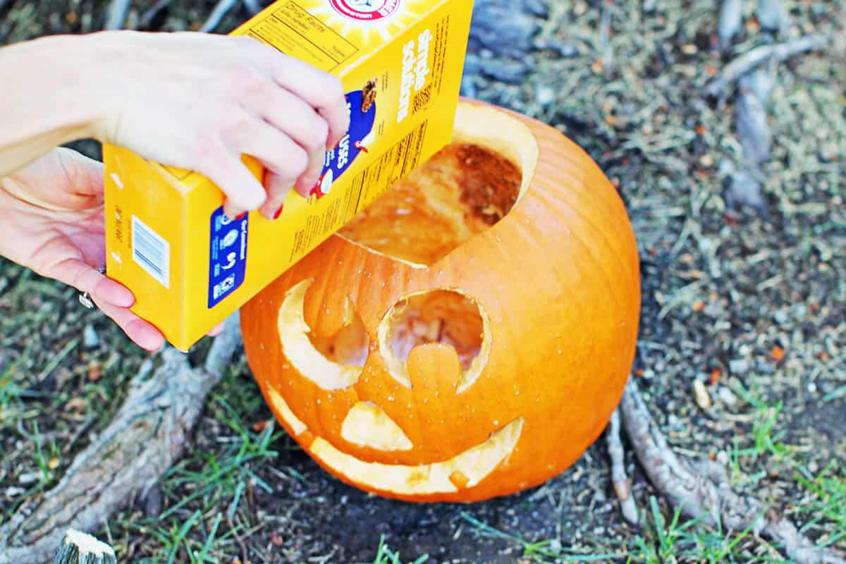 Baking soda being added to a carved pumpkin.