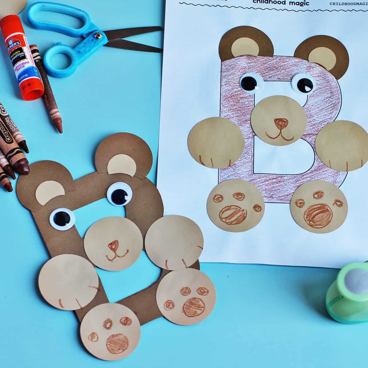 Kids craft using a printed letter B to look like a bear.