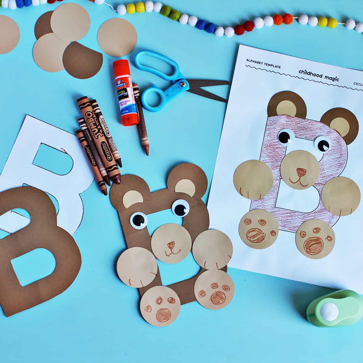 B is for bear paper craft with cardstock, crayons and googley eyes.