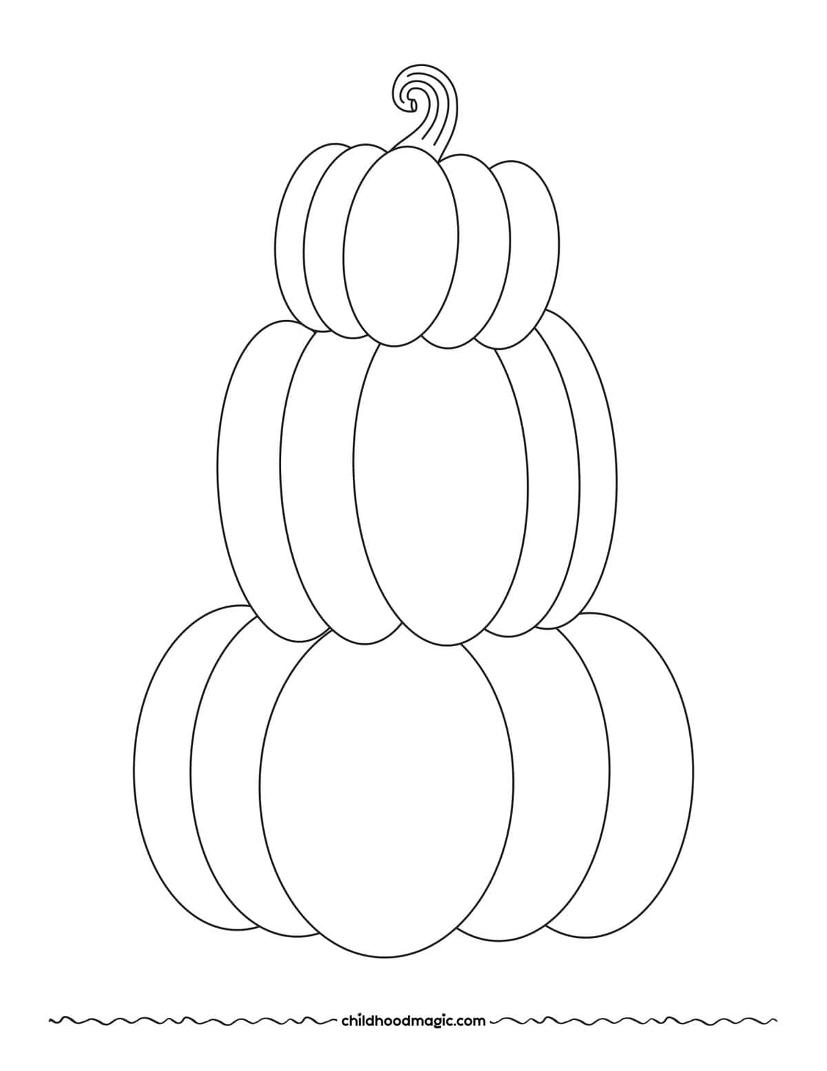 Three stacked pumpkins on a piece of paper to be colored.
