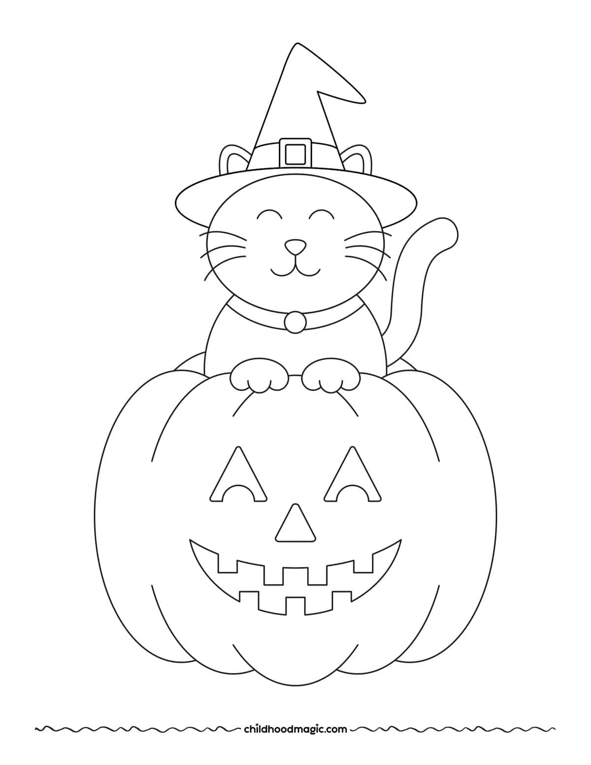 Coloring page of a cat wearing a witch hat and sitting in a carved pumpkin.
