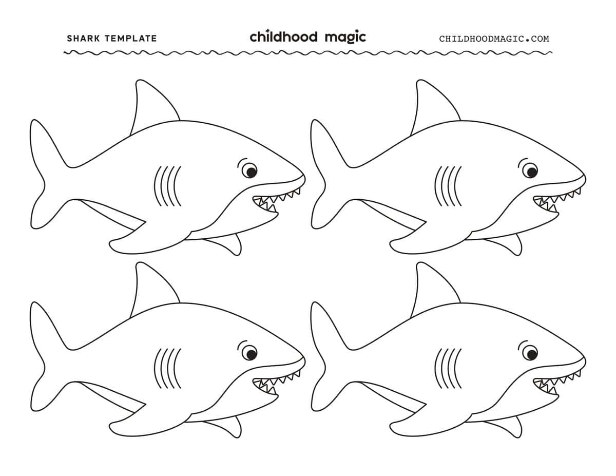 outlines of four great white sharks on one page.
