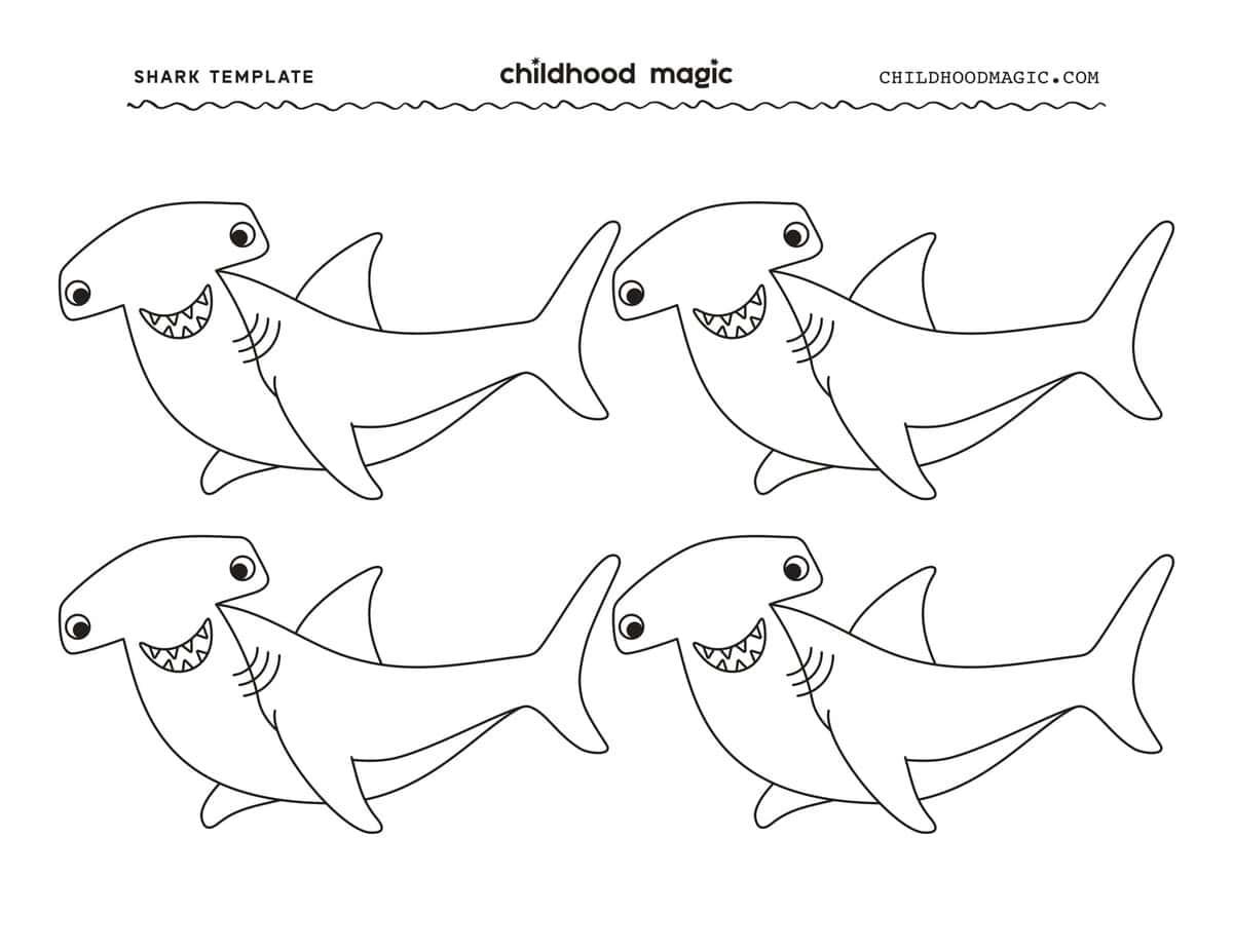 Outlines of four hammerhead sharks on one page.