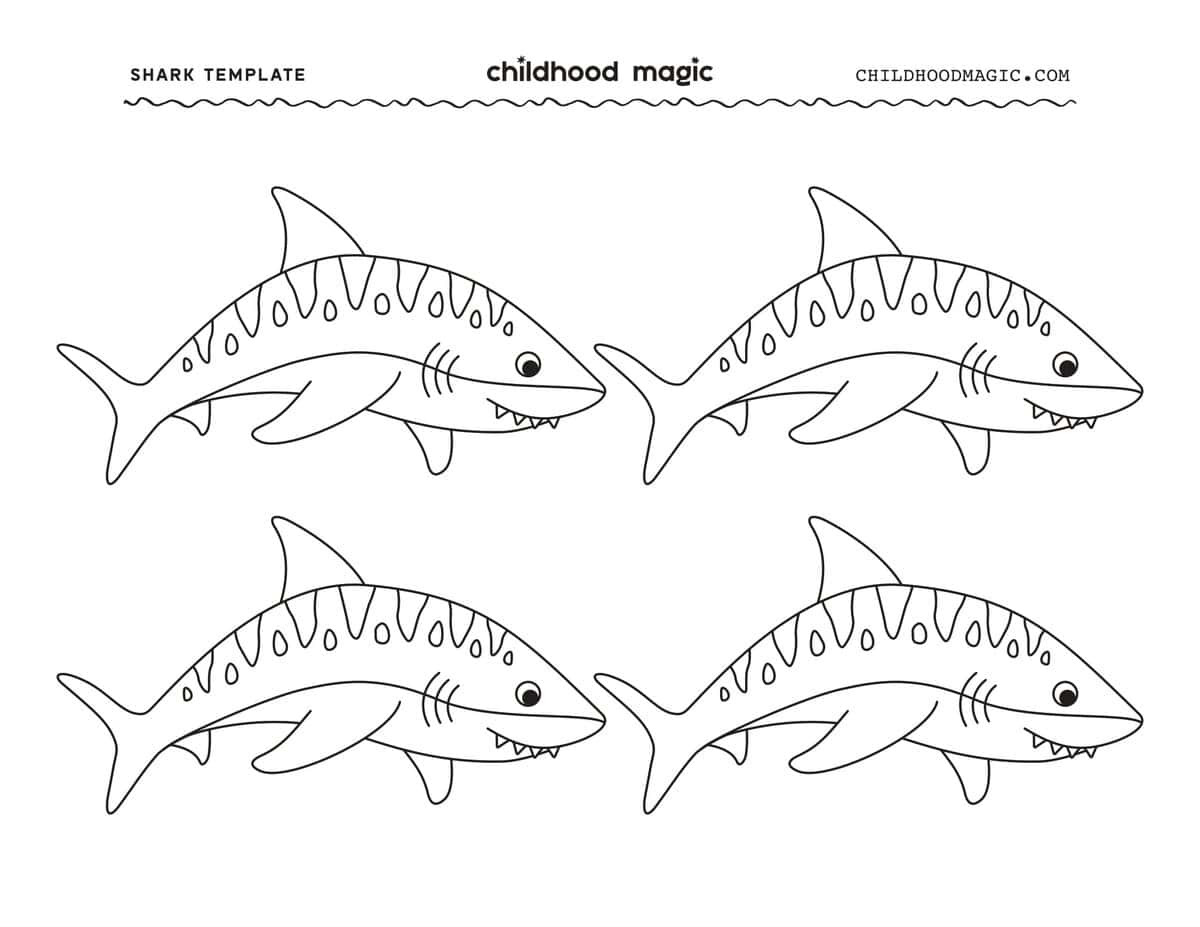 Outlines of four tiger sharks on one page.