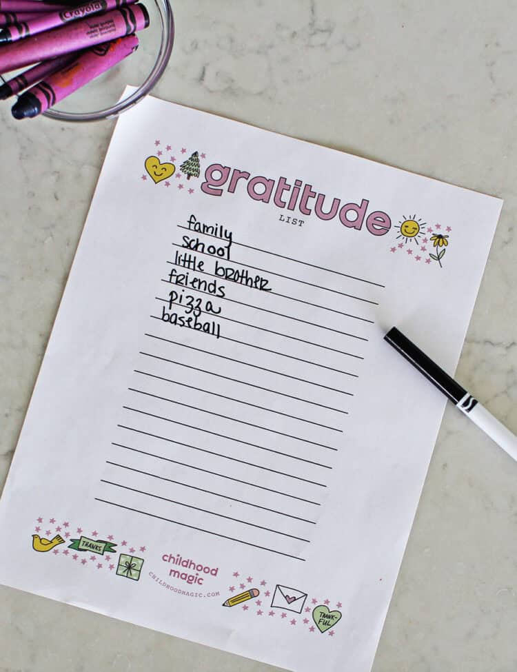 printable gratitude list for kids on a counter.