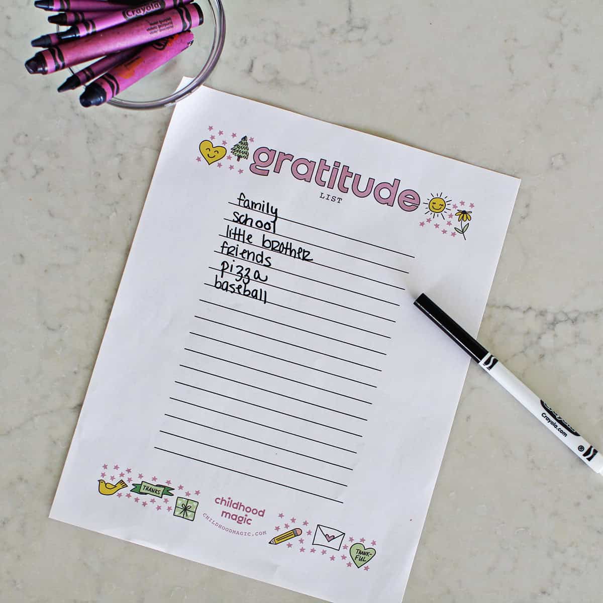 printable gratitude list for kids on a counter.