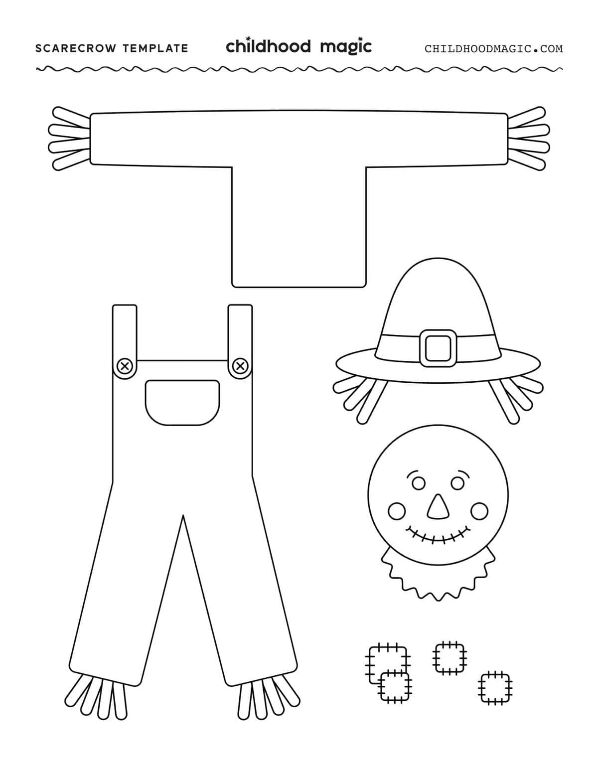 Pieces of a scarecrow on one page for a build your own activity or craft.