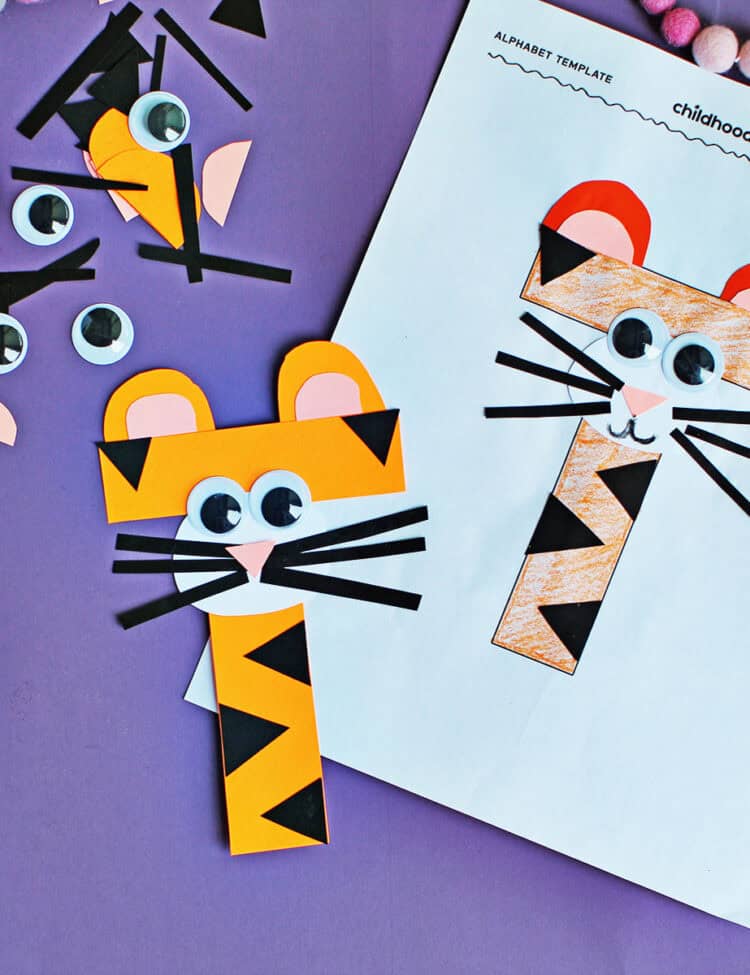 Paper craft using a T template to look like a tiger.