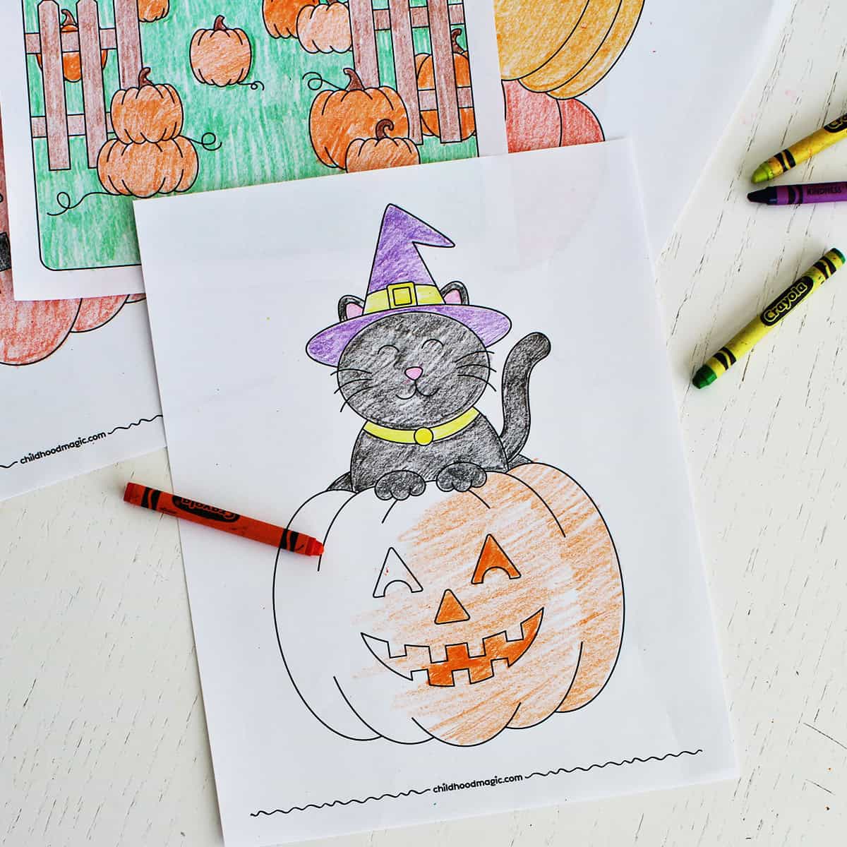 coloring page with a cat sitting in a pumpkin wearing a witch hat.