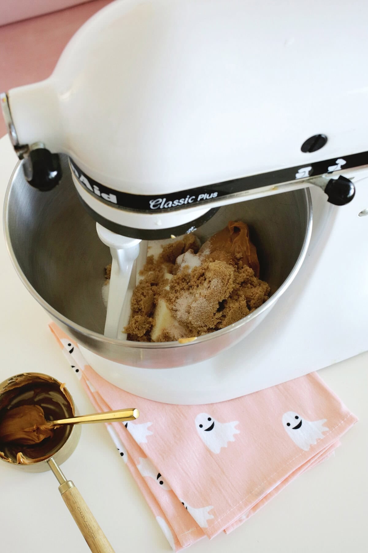 making dough for peanut butter cup spider cookies