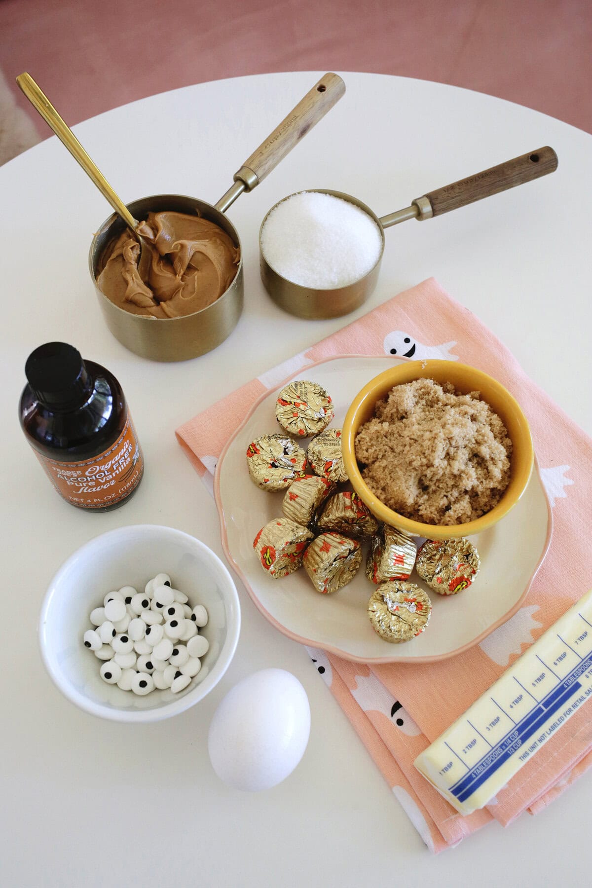 ingredients for making dough for peanut butter cup spider cookies