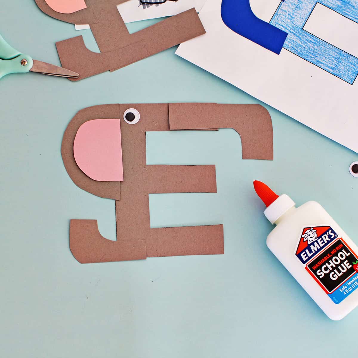 Elephant made from a letter E printout and glued on cardstock.