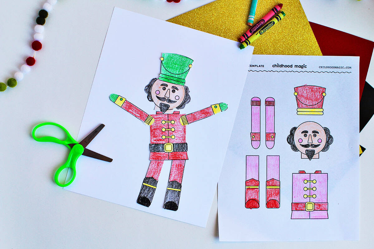 Nutcracker craft with pieces colored and glued onto paper.