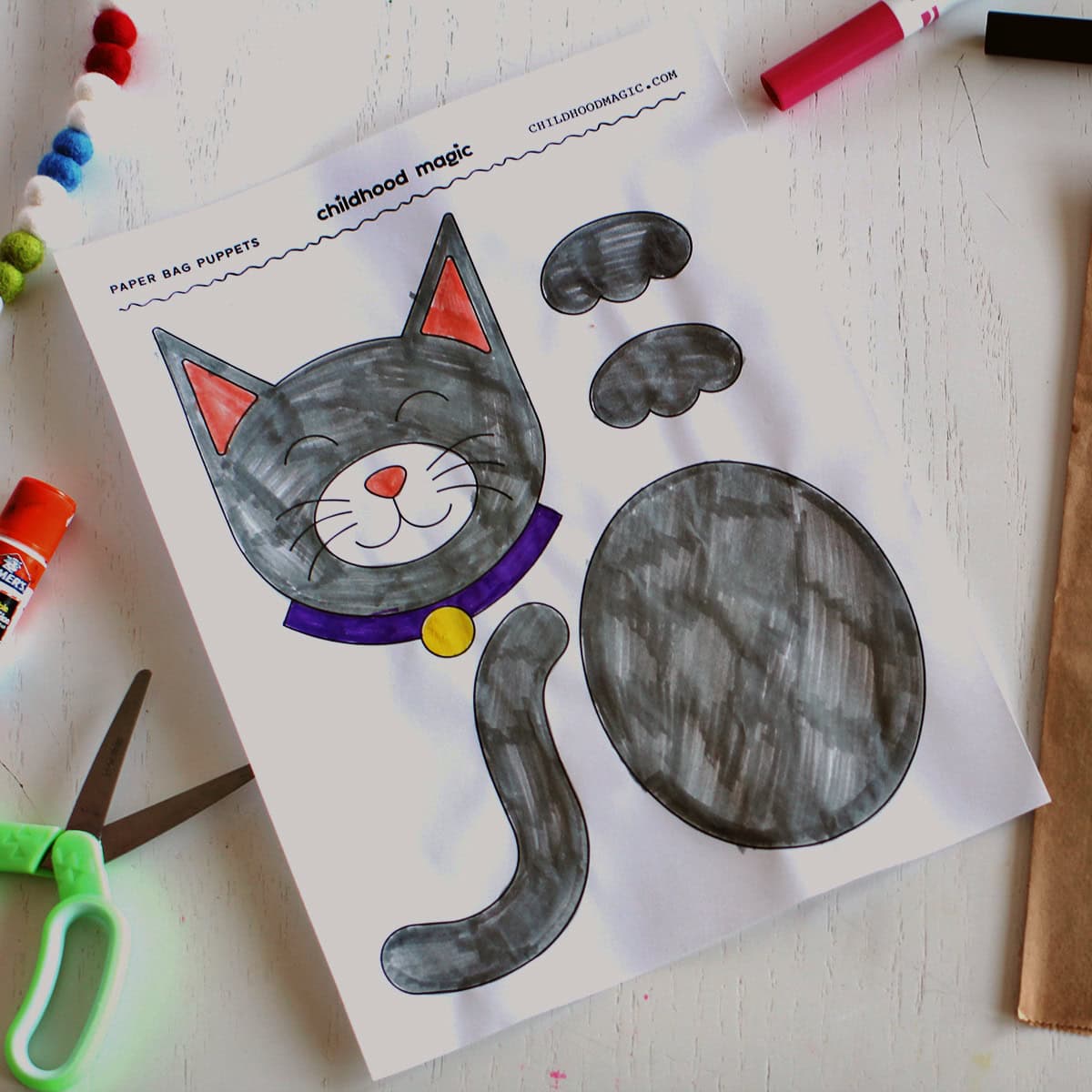 printable page of cat pieces to make a puppet.