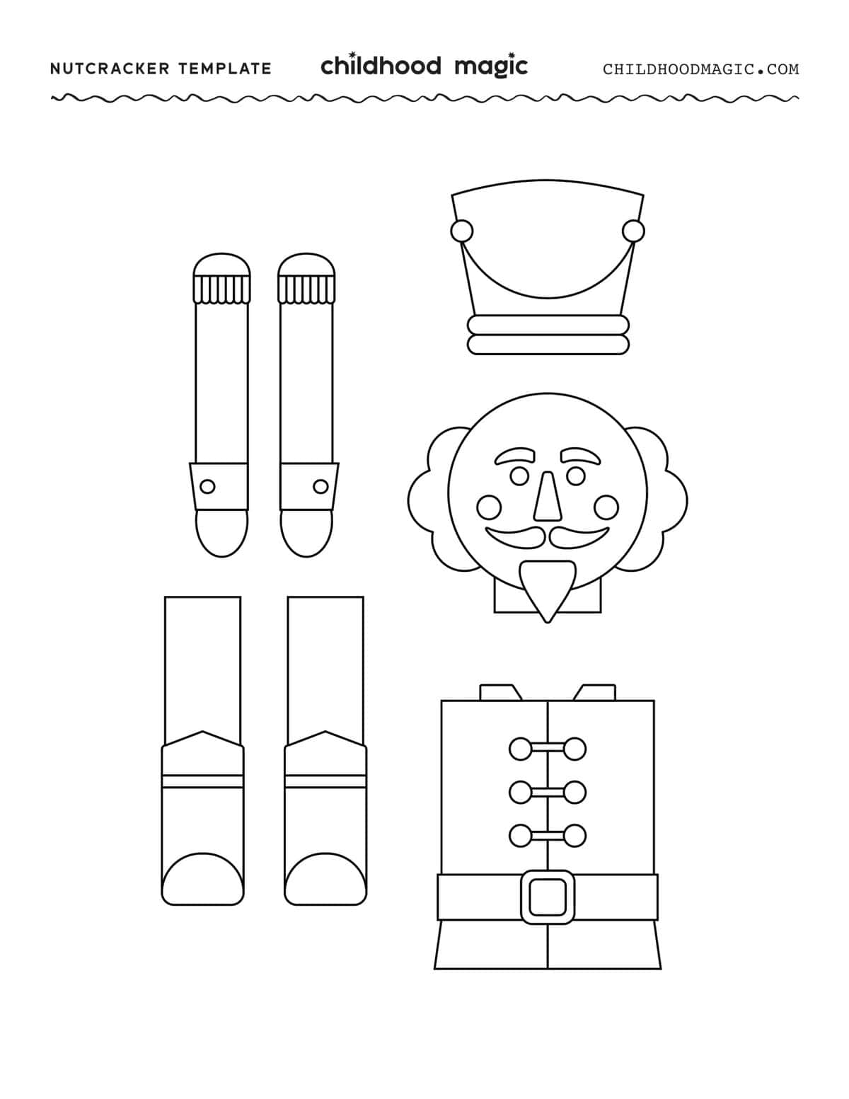 Black outlines of nutcracker pieces on a white background.