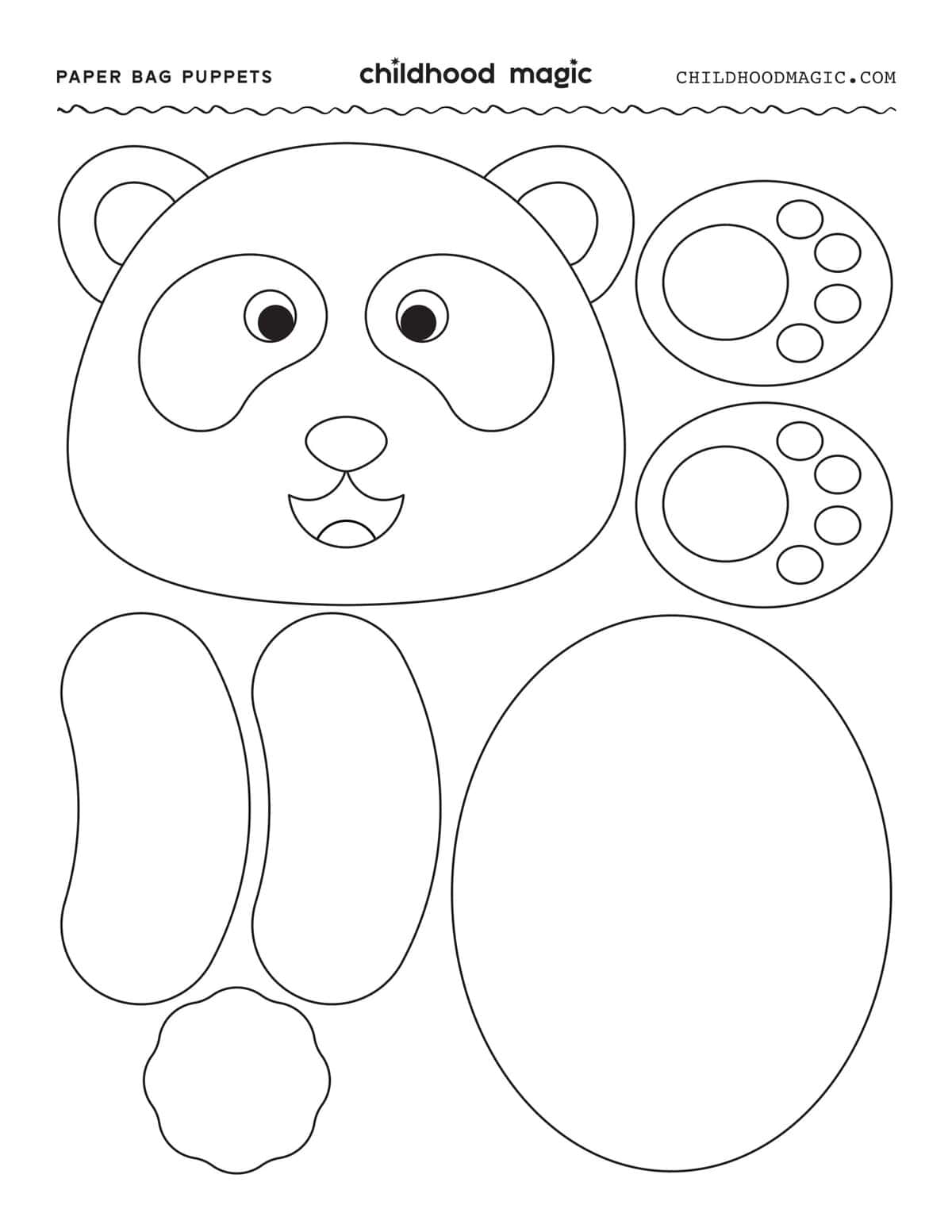 Printable template for making a panda puppet.