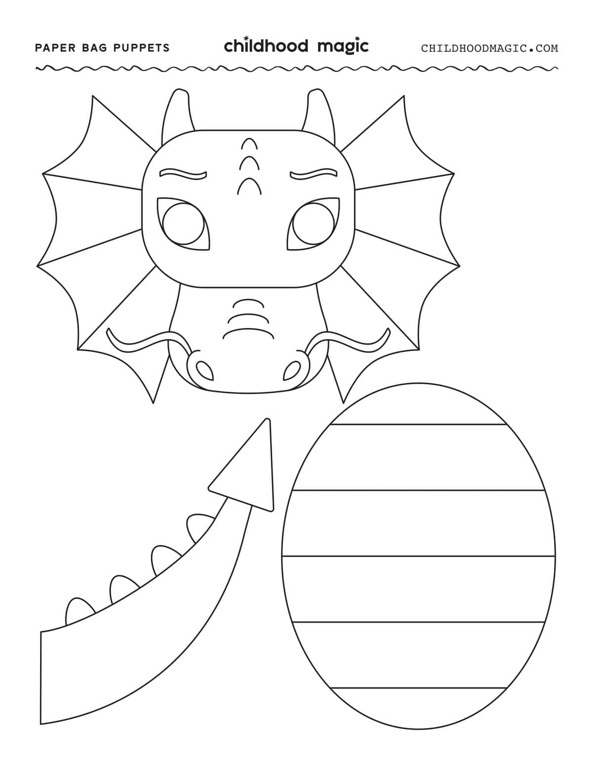 printable dragon parts to make a paper bag puppet.