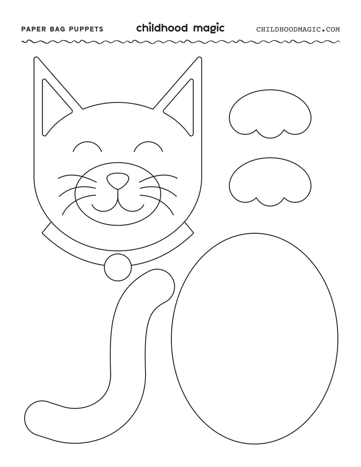 Cat outlines to make a paper bag puppet.